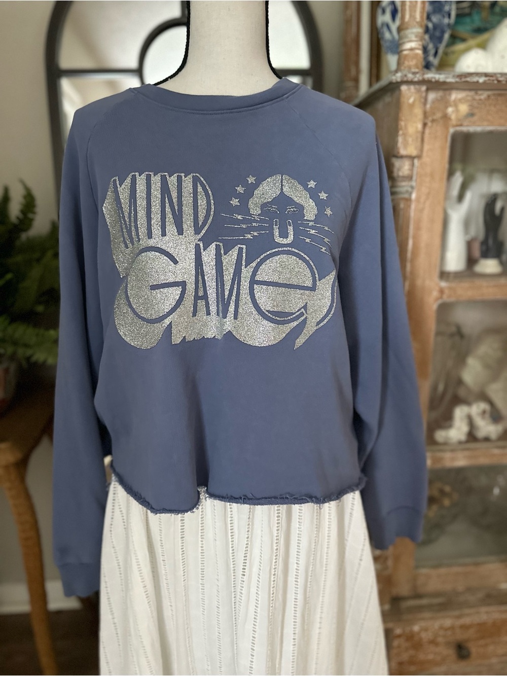 MOTHER Blue Sweatshirt with Silver Glitter 'Mind Games' Graphic